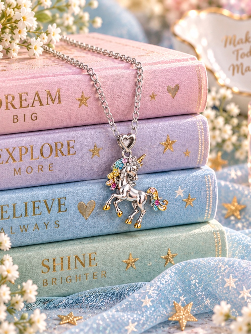 Unicorn Pendant Necklace Silver Tone Rainbow Rhinestone 24” Chain New